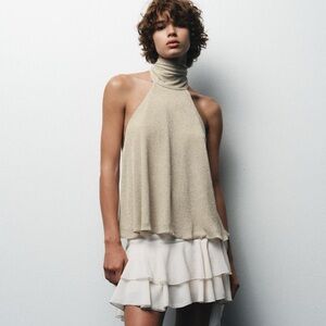 Zara Elegant Metallic Cream Halter Dress